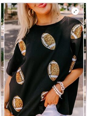 Fantastic Fawn Black Short Sleeve Tee with Gold Football Motifs Sequin medium